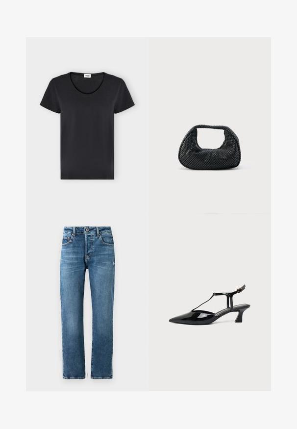 Simpel sort t-shirt med korte ærmer, rund halsudskæring og lille hvid mærke indeni kraven.; Herre blå denim jeans med lige pasform, fem lommer og knaplukning. Har let falmning og syet detaljer.; Sort laklæder spids tå slingback sko med T-rem og lav skrå blokhæl på hvid baggrund.; Sort flettet hobo-taske med blød struktur og integreret håndtag, vist på en ensfarvet lys baggrund.