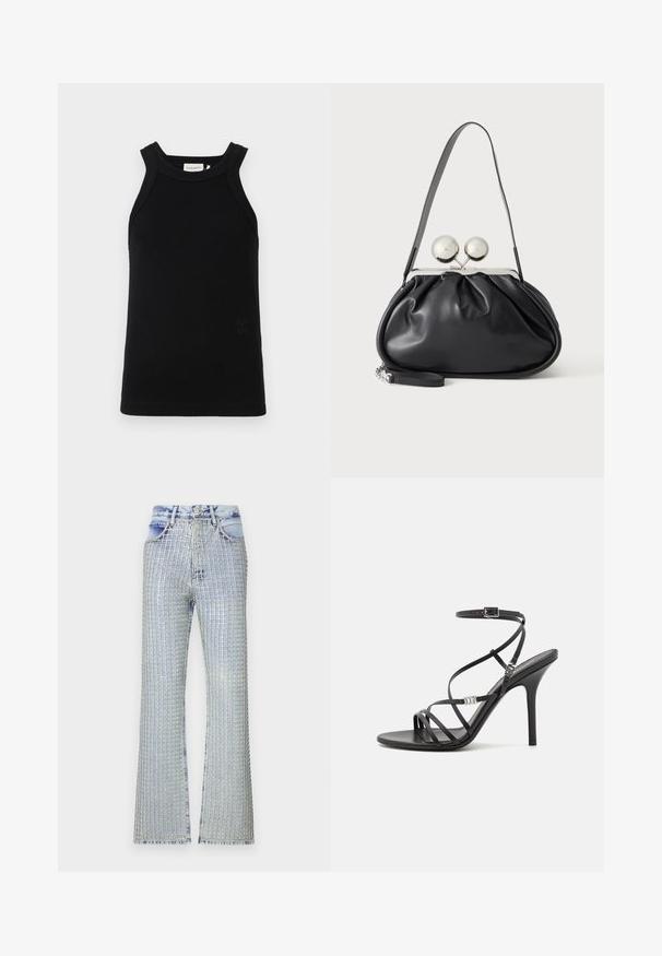 Schwarzes, geripptes Tanktop mit breiten Trägern, das einen runden Halsausschnitt und ein kleines geprägtes Logodetail am unteren Rand aufweist.; Helleblaue, ausgeflockte Jeans mit einem Karomuster aus silbernen Verzierungen, hohem Taillenbund und fransigem Saum.; Schwarze High-Heel-Sandale mit dünnen Riemen, einem Knöchelverschluss, einer glatten Lederoberfläche und einem schlanken Stiletto-Absatz.; Schwarze Ledertasche mit gerafftem Design, einem einzelnen Riemen, silbernem Metallrahmen und zwei großen runden silbernen Verschlüssen.
