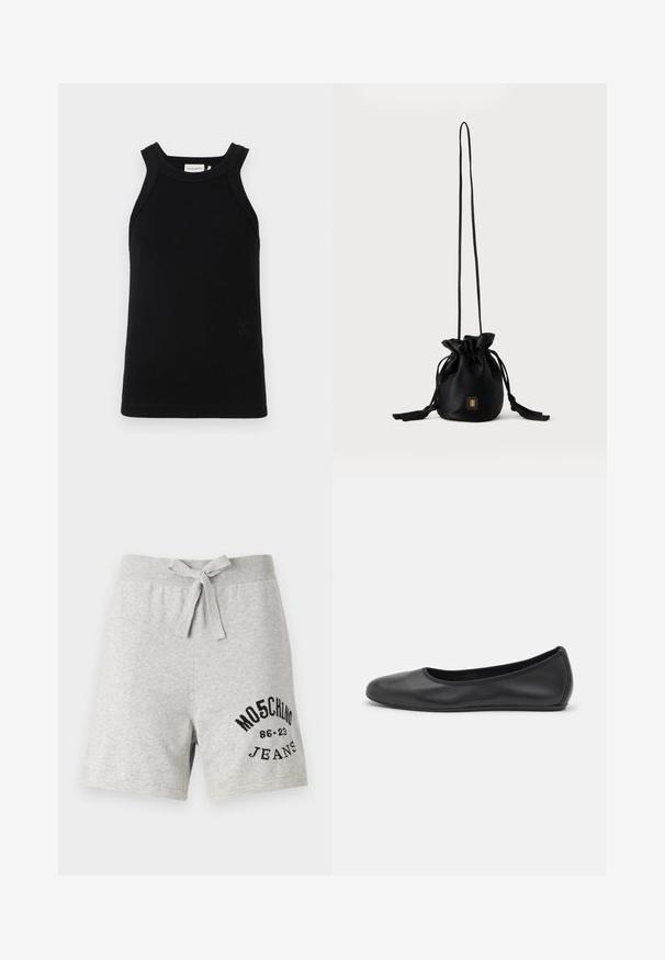 Sort ribbet tanktop med brede stropper, der har en rund udskæring og et lille præget logo-detail forneden.; Grå bomulds shorts med snoretræk i taljen, med et trykt sort logo på venstre ben. Afslappet design, knælang, blød tekstur.; Sort læderballetsko med rund tå, glat tekstur, minimal syning og et fleksibelt såldesign.; Sort snørelukket bucket-taske med lang tynd rem og lille gyldent firkantet logo foran, vist mod en ensfarvet baggrund.