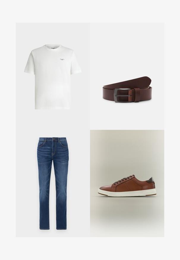 Hvid kortærmet t-shirt med rund hals og lille sort tekstlogo "Marc O'Polo DENIM" på øverste venstre bryst.; Mørkeblå denimjeans med en klassisk lige pasform, fem-lomme design og let falmede detaljer på benene. Har knap- og lynlåslukning.; Brun læder lavtop-sneaker med mørkebrune snørebånd, tekstureret sidepanel, hvid sål og mørkebrun hælskinne på en neutral baggrund.; Brun læderbælte med en glat tekstur, der har en buet spids og en rektangulær metalspænde i en mørk finish.