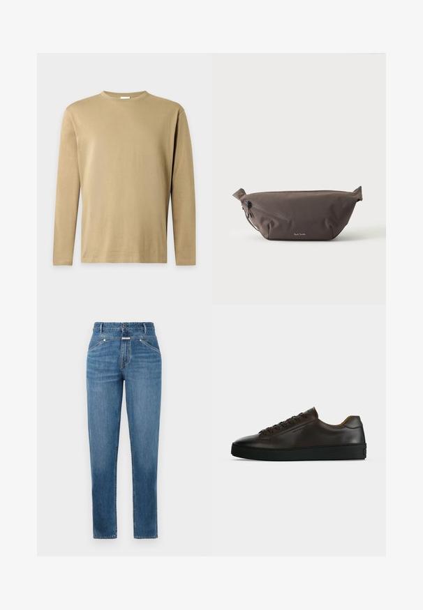 Beige langærmet rundhals skjorte med et enkelt, ensfarvet design på en lys grå baggrund.; Blå, højtaljede straight-leg jeans med frontlommer, bæltestropper, knaplukning og subtile falmningdetaljer.; Lavprofil mørkebrune lædersneaker med sort gummisål, snørelukning foran og glat minimalistisk design på lys baggrund.; Mørkebrun stof talje taske med diagonalt lynlåslomme og lille hvidt logo på fronten, sat mod en ensfarvet lys baggrund.
