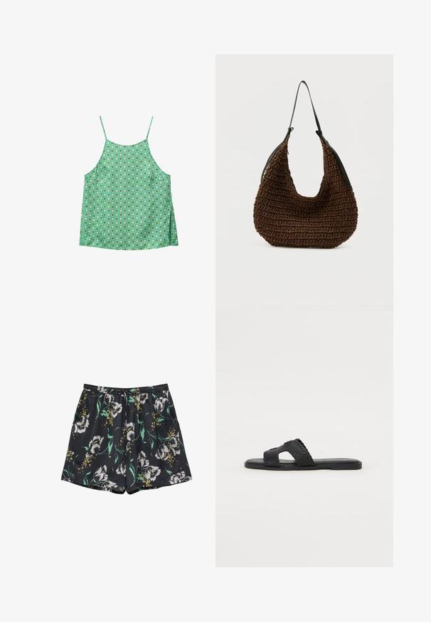 Top vert à fines bretelles avec un motif géométrique circulaire répétitif en blanc, jaune et noir sur fond vert.; Short noir avec imprimé floral blanc et jaune et feuilles vertes, doté d'une taille élastique avec un cordon de serrage.; Sandales plates noires avec une large double bande et un design découpé, présentant des coutures le long des bords et une semelle lisse.; Sac à main tressé marron avec une forme douce et arrondie et une seule sangle d'épaule noire mince sur un fond uni.