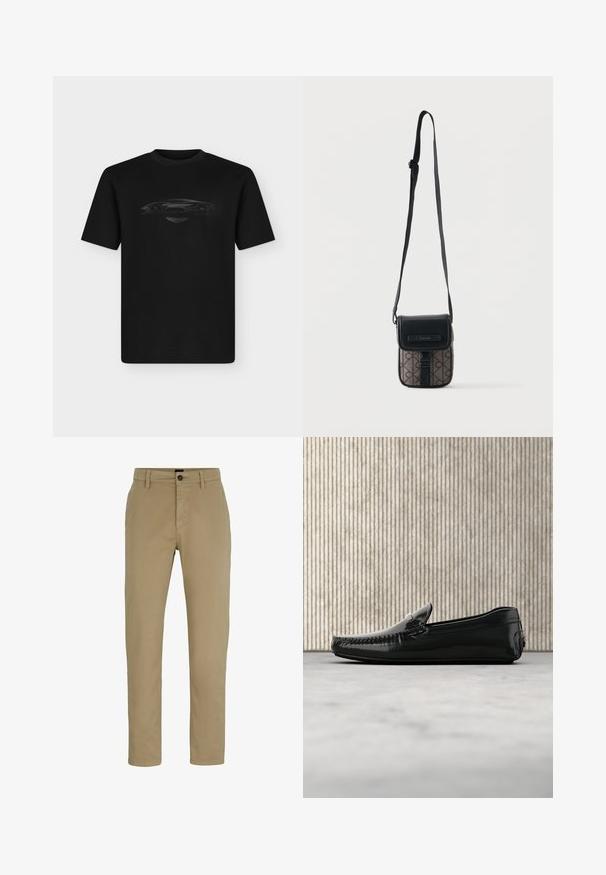 Must lühikeste varrukatega T-särk, millel on minimalistlik joonis sportautost ja väike tiibadega logo disaini all rinna piirkonnas.; Beige puuvillased chinos slim lõikega, lameda esiotsaga ja nööpkinnisega. Omab vööauke ja küljetaskuid funktsionaalsuse huvides.; Mustad nahast loafers, millel on läikiv viimistlus, ümar varvas ja kaunistav riistvara ees. Madala profiiliga kummitald. Sujuv tekstuur.; Väike ristkülikukujuline õlakott musta klapiga, reguleeritava rihma ja mustriga kehaga, millel korduv logomuster.