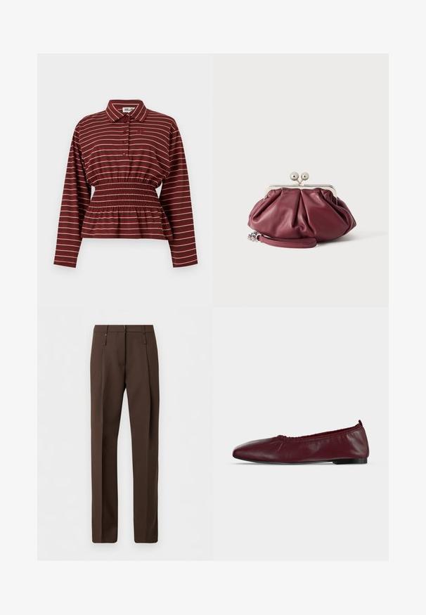 Chemise bordeaux à manches longues avec rayures blanches, patte de boutonnage à l'avant, taille élastiquée froncée et col.; Pantalon marron sur mesure à jambes droites, doté de passants pour ceinture et de plis sur le devant, présenté sur un fond blanc uni.; Ballerine plate en cuir bordeaux avec bord supérieur élastique froncé et fine semelle noire sur fond blanc.; Petite pochette en cuir bordeaux avec fermoir en métal argenté et bracelet pour poignet sur fond blanc.
