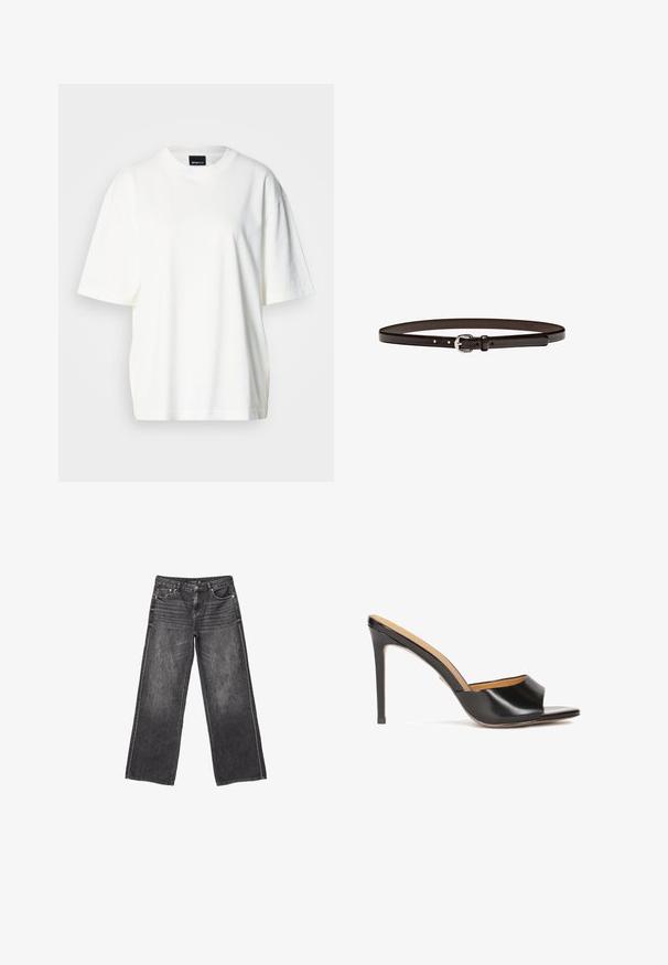 Hvid oversized t-shirt lavet af bomuld, med rund halsudskæring og korte ærmer. Glat tekstur med en afslappet pasform.; Mørkegrå denim jeans med vid ben, front- og baglommer, knaplukning og diskrete slidte detaljer.; Sorte open-toe hæle mules med en blank læderfinish, taperet blokhæl og et glat buet bånd over vristen.; Brun læderbælte med et tyndt design, der har en sølvfarvet metalspænde og justerbare huller langs remmen for tilpasning.