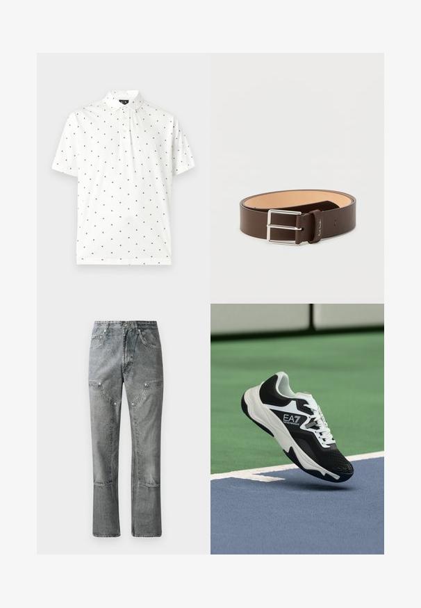 Weißes Kurzarm-Polohemd mit kleinem schwarzen "A|X"-Logomuster überall und einer Drei-Knopf-Leiste am Kragen.; Graue Denim-Jeans mit geradem Schnitt, ausgestattet mit Fronttaschen, sichtbaren Nähten und einem verwaschenen Finish. Das Material hat eine glatte Textur.; Schwarz-weißer EA7 Emporio Armani Sneaker über blauen und grünen Tennisplatzlinien schwebend.; Brauner Ledergürtel mit glänzender silberner Doppeldornschließe, glatter Textur und kontrastierender beige Innenfütterung.
