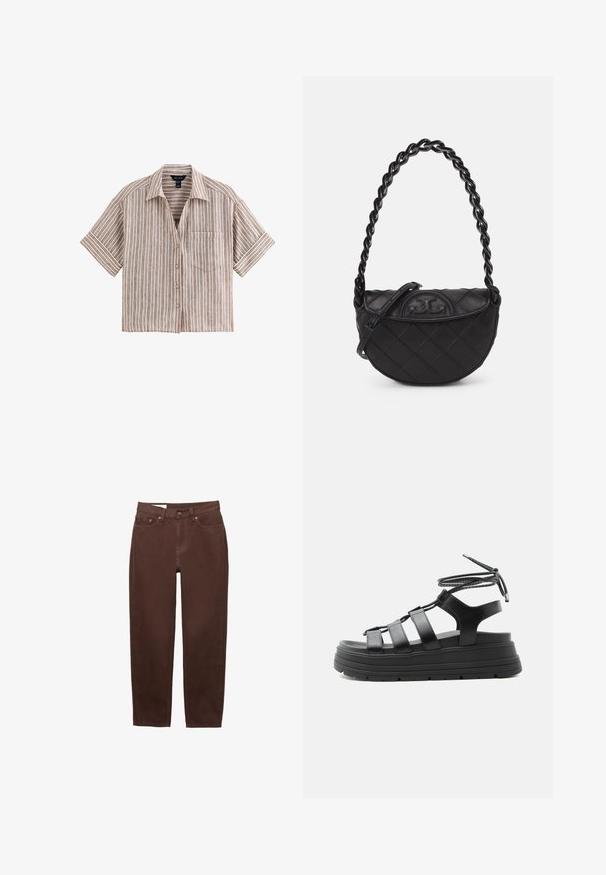 Chemise à manches courtes boutonnée avec col et poche poitrine, rayée verticalement en marron et blanc, présentée à plat sur un fond blanc.; Jean marron à jambe droite avec bouton frontal, fermeture éclair et design à cinq poches sur fond blanc.; Sandale plateforme noire avec semelle épaisse, plusieurs brides horizontales et lien à nouer autour de la cheville sur un fond clair uni.; Tory Burch MINI FLEMING SOFT CRESCENT - Sac à main - black