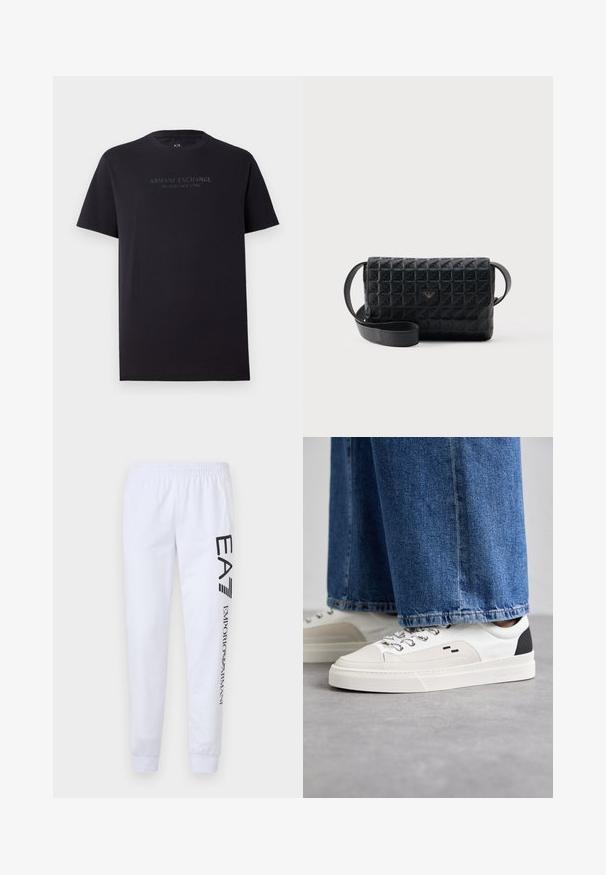 Zwarte katoenen t-shirt met korte mouwen, ronde hals en een iets relaxte pasvorm. Voorzien van "ARMANI EXCHANGE MILANO / NEW YORK" in donkergrijze tekst.; Witte sweatpants gemaakt van zacht materiaal, met zwarte bedrukte logo's "EA7" en "Emporio Armani" langs het linkerpijp, en voorzien van een elastische tailleband en boorden.; Witte en zwarte sneakers met een glad leren bovenwerk, textuuraccenten en een chunky witte zool. Heeft een klassiek vetersluiting ontwerp.; Zwarte crossbodytas met een gestructureerd oppervlak, een klepsluiting en een klein metalen logo aan de voorkant, afgebeeld tegen een effen achtergrond.
