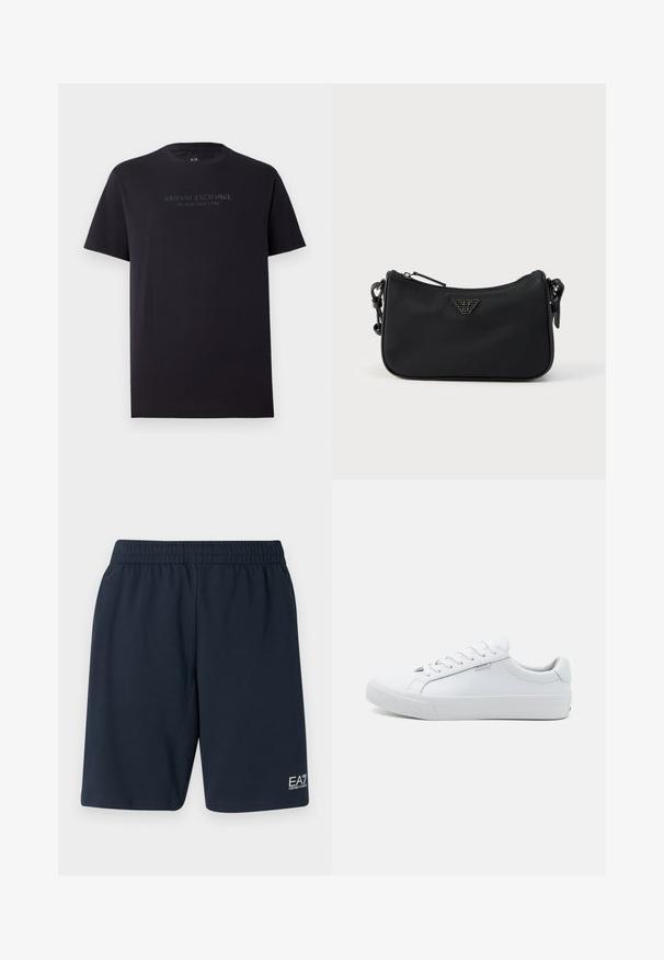 Čierne bavlnené tričko s krátkymi rukávmi, okrúhlym výstrihom a mierne uvoľneným strihom. Obsahuje text "ARMANI EXCHANGE MILANO / NEW YORK" v tmavosivej farbe.; Námornícke modré šortky s elastickým pásom vyrobené z mäkkého materiálu, s bočnými vreckami a malým bielym logom EA7 na dolnej ľavej nohe.; Biele kožené tenisky s hladkým povrchom, nízkym strihom, okrúhlym špičkou a plochou gumovou podrážkou. S plochými šnúrkami a minimalistickým brandingom.; Čierna kabelka na rameno so zipsom, nastaviteľným popruhom a kovovou logovou nášivkou uprostred prednej strany.