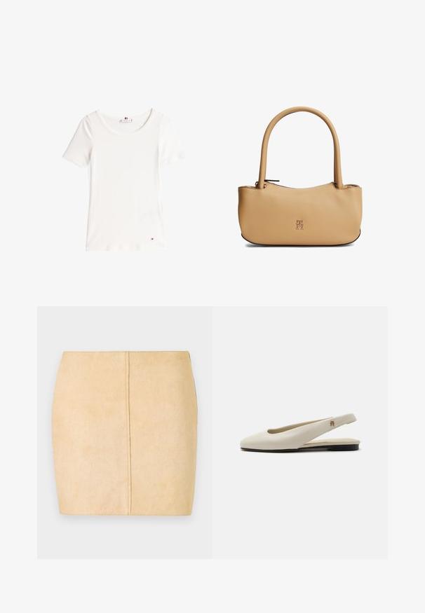 T-shirt blanc à côtes avec des manches courtes, col rond et un petit logo rouge, blanc et bleu sur l'ourlet inférieur.; Jupon mini en suède beige offrant une texture lisse, une silhouette ajustée et un détail de couture centrale. Pas de matériel ou d'embellissements visibles.; Chaussure plate slingback en cuir couleur crème avec un bout arrondi et un petit emblème doré sur la bride.; Sac à main en cuir beige avec des poignées arrondies, un petit logo doré centré à l'avant, et une fermeture éclair sur le dessus.