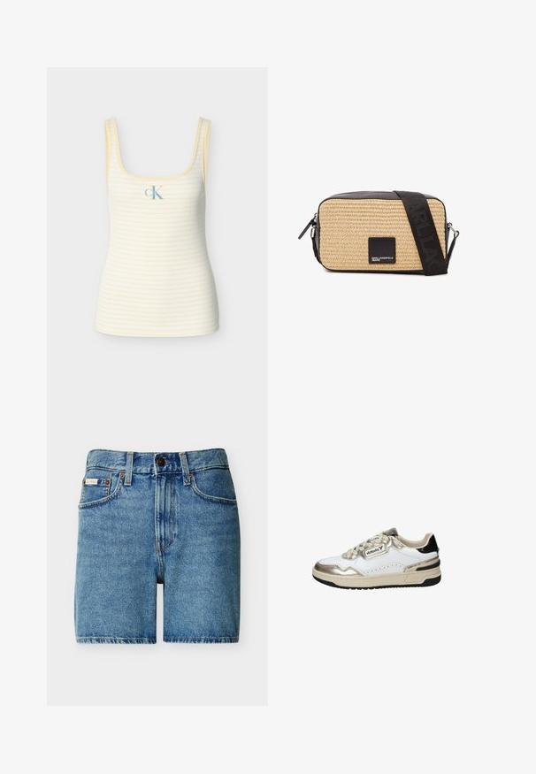 Gestreepte gele tanktop met een vierkante halslijn, geribbelde textuur en een klein blauw "cK" logo aan de voorkant. Gemaakt van zacht materiaal.; Blauwe spijkershorts met knopen aan de voorkant, ritssluiting, riemlussen en zakken, met een klein merklabel op de rechterzak.; Witte en gouden sneaker met zwarte accenten, voorzien van glad leer, een ronde neus, vetersluiting en een gestructureerde rubberen zool.; Gevlochten stro schoudertas met zwarte lederen accenten. Voorzien van een zwart bedrukte riem en een klein logo-label aan de voorkant.