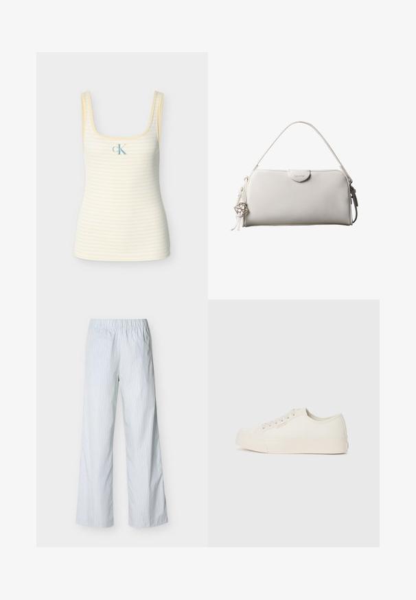 Débardeur jaune à rayures avec un col carré, une texture côtelée, et un petit logo bleu "cK" sur le devant. Confectionné en matériau doux.; Pantalon blanc à fines rayures verticales bleues, taille élastique, coupe droite et tissu léger pour un port décontracté.; Baskets en toile écrue, avec un design basse, bout rond et semelle en caoutchouc plate avec des détails de couture subtils.; Sac à main rectangulaire blanc Calvin Klein avec une seule poignée, design minimaliste et pampilles décoratives avec un charm métallique géométrique sur le côté.