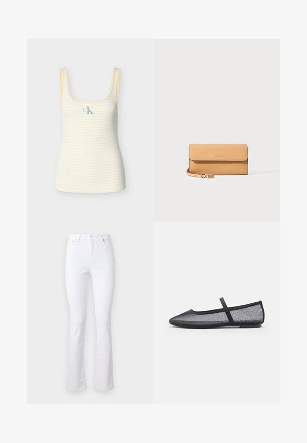 Stribet gul tanktop med firkantet halsudskæring, ribbet tekstur og en lille blå "cK" logo foran. Fremstillet af blødt materiale.; Hvide denim flared jeans med høj talje, fire lommer og lukning med en forhøjning foran. Har en glat tekstur og pæne kanter.; Sorte mesh ballet flats med spids tå, der har en tynd rem over vristen og en flad gummisål. Let og åndbar design.; Læderhåndleds-pung i tan med tekstur, flap, sølvlogo og aftagelig matchende rem på hvid baggrund.