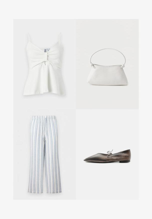 Camisole blanche sans manches avec fines bretelles, devant central froncé avec détail en boucle de tissu et ourlet légèrement évasé.; Pantalon ample à rayures verticales bleues et blanches, taille élastique et cordon de serrage.; Chaussure plate en cuir marron à bout pointu avec un petit talon et un petit nœud noué dessus, vue de côté sur fond blanc.; Sac à main en cuir tressé blanc avec poignée arrondie et extrémités de lanière nouées, présenté sur un fond uni.