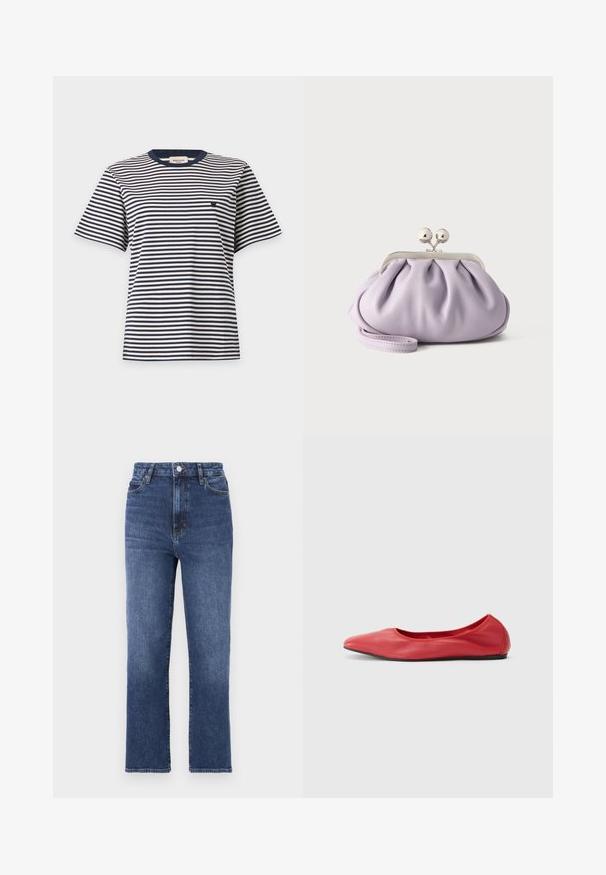 Chemise à manches courtes avec des rayures horizontales noires et blanches et un petit logo brodé sur la poitrine gauche, présentée sur un fond uni.; Jean droit bleu en denim, avec taille haute, design à cinq poches et fermeture à bouton en métal à la taille.; Filippa K REY FLATS - Ballerines - bright red; Pochette lavande douce avec tissu froncé, fermoir kiss-lock argenté et bracelet assorti sur un fond clair uni.