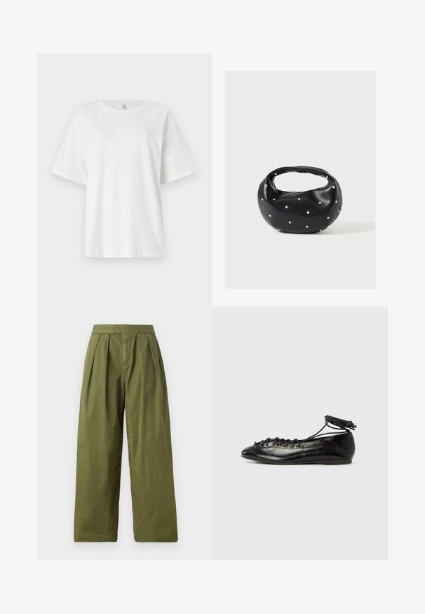 T-shirt blanc à manches courtes en coton. Encolure ronde et coupe décontractée. Texture lisse sans motifs ni détails en matériel visibles.; Pantalons larges en vert olive en tissu léger, avec des plis à la taille et une texture uniforme sans poches.; Ballerines en cuir verni noir avec un bout rond, un design à lacets et une semelle plate. Texture lisse avec peu de détails.; Sac à main en cuir noir de forme arrondie, décoré de clous argentés et équipé d'une poignée courte. Texture lisse et fermeture éclair.