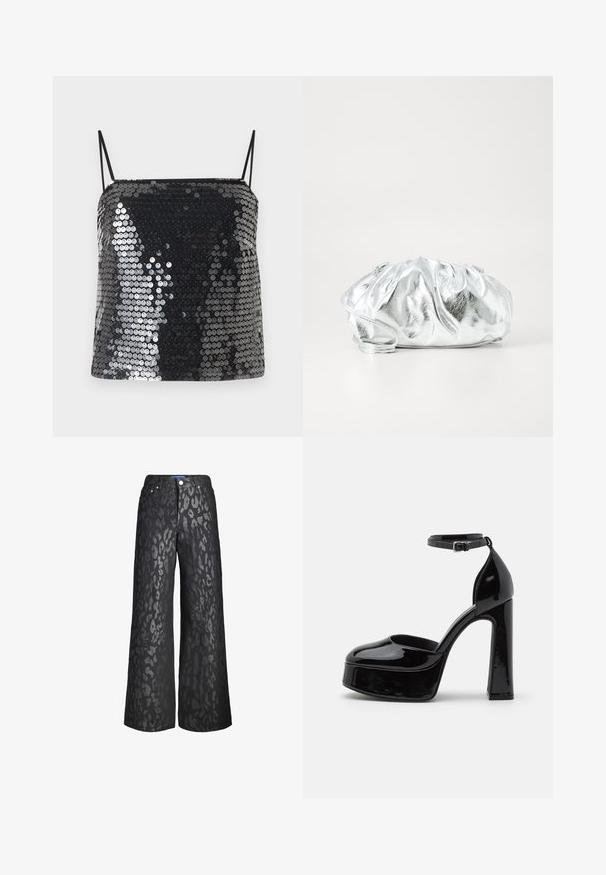 Haut caraco noir à sequins avec fines bretelles spaghetti et encolure carrée.; Pantalons larges noirs avec un motif en imprimé animal dans des nuances variées de gris. Fabriqués en denim, ils sont dotés de cinq poches et d'une fermeture à bouton à l'avant.; Talons compensés en cuir verni noir avec une bride à la cheville, bout arrondi et talon épais, affichant une texture lisse et brillante.; Pochette argent métallique avec un corps doux et froncé et une fine bandoulière. Présente une texture lisse et brillante ainsi qu'une forme arrondie.