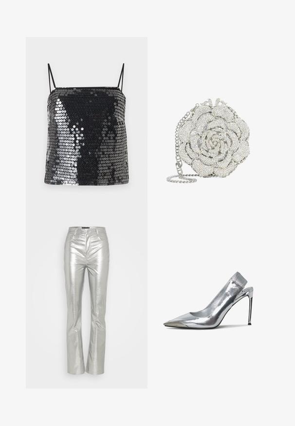 Top de camisola negro con lentejuelas, tirantes finos tipo espagueti y escote cuadrado.; Gina Tricot TROUSERS - Pantalones - silver; Zapato de tacón alto plateado tipo slingback con punta afilada y acabado metalizado. Presenta un diseño elegante y acentos minimalistas en el tacón.; Clutch redondo plateado con forma de rosa, completamente incrustado con cristales transparentes, y con una correa de cadena plateada.