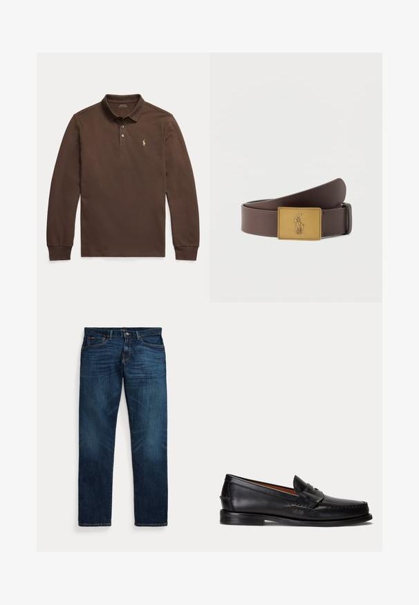 Brun langærmet polo med krave og to knapper, med et lille broderet logo på venstre bryst.; Mørkeblå denimjeans med let falmning på lår og lommer, knap- og lynlåslukning samt design med fem lommer, lagt fladt på hvid baggrund.; Sort læderloafer med lav hæl og pennyremdetalje, vist fra siden på en lysegrå baggrund.; Brunt læderbælte med et rektangulært guldbæltespænde, der har en hævet Polo-spiller på hest, der holder en mallet.