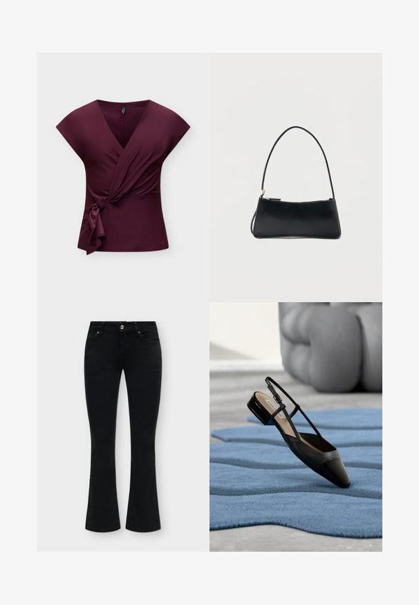 Ärmelloses, tiefviolettes Wickeltop mit V-Ausschnitt und seitlichem Knotendetail, abgebildet vor hellem, schlichten Hintergrund.; Schwarze Damenjeans mit mittelhohem Bund, vorderem Knopf und Reißverschluss, Fünf-Taschen-Design und leicht ausgestellten Beinen.; Schwarzer Slingback-Schuh aus Lackleder mit niedrigem Blockabsatz, der auf einem strukturierten blauen wellenförmigen Teppich und grauen gepolsterten Möbeln ruht.; Schwarze rechteckige Handtasche mit dünnem Riemen und Reißverschluss, vor einem schlichten weißen Hintergrund.