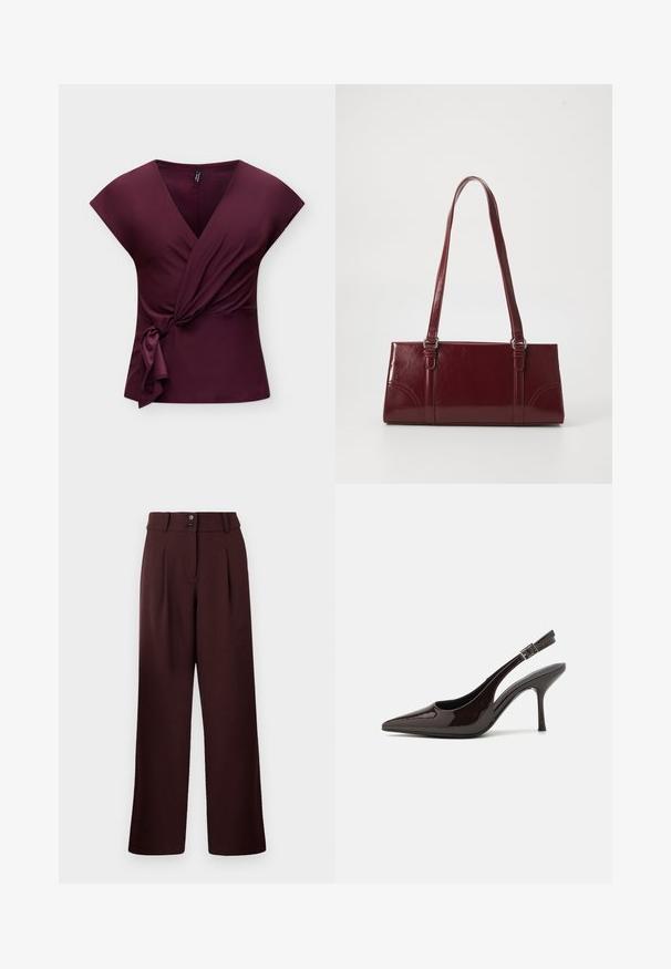 Ärmelloses, tiefviolettes Wickeltop mit V-Ausschnitt und seitlichem Knotendetail, abgebildet vor hellem, schlichten Hintergrund.; Weite Hose in dunklem Burgunderrot, mit hoher Taille, zwei vorderen Falten und zwei Knopfverschlüssen. Hergestellt aus strukturiertem Stoff.; Slingback-Pumps aus glänzendem dunklen braunen Lackleder, mit spitzer Zehenpartie, offenen Seiten und verstellbarem Knöchelriemen.; Burgunderfarbene Handtasche aus glänzendem Material, rechteckige Form, mit zwei Schulterriemen und subtilen, geschwungenen Akzenten an der Vorderseite.