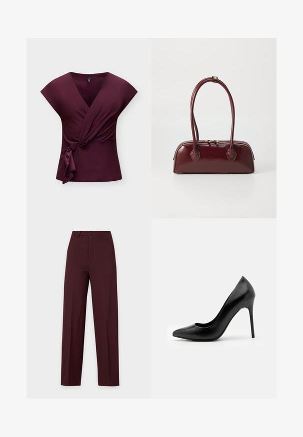 Top portefeuille sans manches couleur violet profond avec un col en V et un détail de nœud sur le côté, présenté sur un fond clair et uni.; Pantalon bordeaux foncé à jambe droite avec fermeture à bouton et fermeture éclair, passants de ceinture et plis marqués, présenté sur fond uni.; Escarpin noir en cuir avec un bout pointu et une texture lisse. Dispose d'un talon aiguille fin et d'un décolleté bas.; Sac à main en cuir bordeaux avec une forme courbée, deux poignées, fermeture éclair et détails de couture subtils. Fini lisse et brillant.