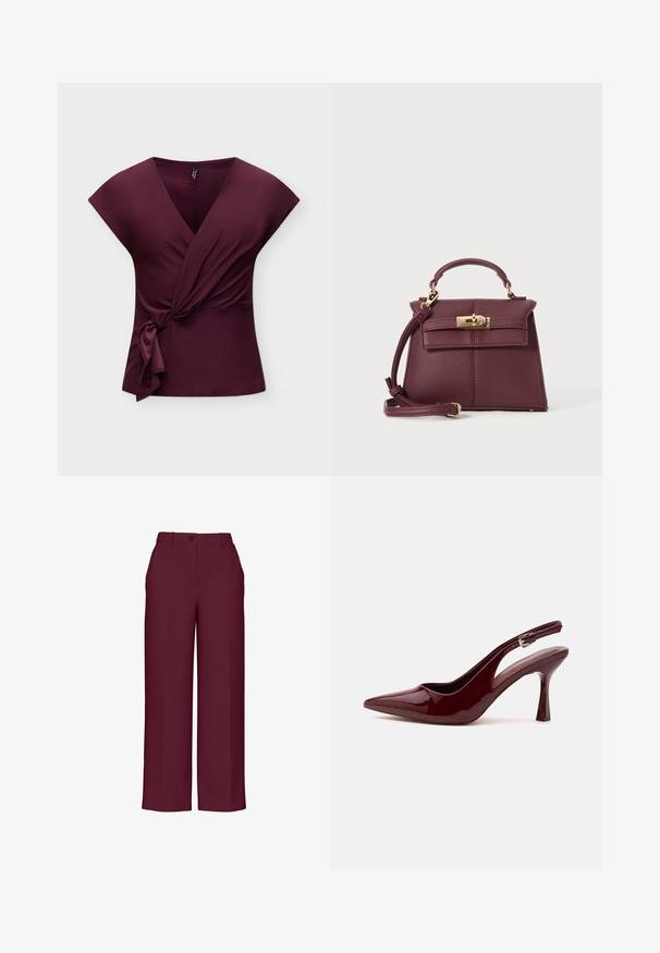 Top portefeuille sans manches couleur violet profond avec un col en V et un détail de nœud sur le côté, présenté sur un fond clair et uni.; Pantalons larges bordeaux en tissu texturé, avec une fermeture à bouton sur le devant et un design classique. Pas de poches supplémentaires ni d'ornements.; Chaussure à talon haut slingback rouge foncé brillant à bout pointu, avec une fine bride réglable et un talon aiguille effilé sur fond blanc.; Sac à main en cuir bordeaux avec une forme structurée, une bandoulière amovible, une poignée supérieure, des détails en doré et une fermeture à clasp à l'avant.