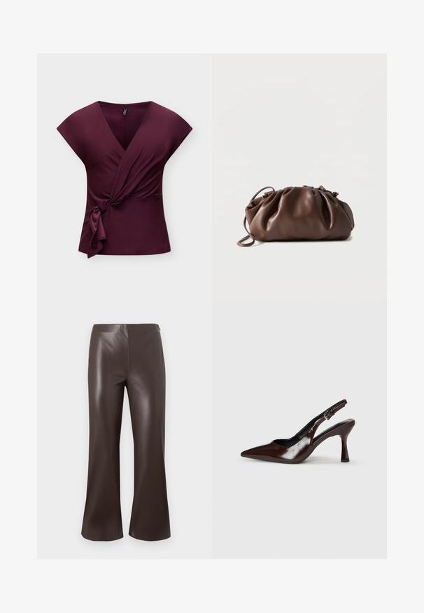 Top portefeuille sans manches couleur violet profond avec un col en V et un détail de nœud sur le côté, présenté sur un fond clair et uni.; Pantalons évasés en simili cuir marron avec une taille haute et une texture lisse, présentant un design épuré et soigné avec de larges ouvertures de jambe.; Talons slingback en cuir verni brun avec un bout pointu, un talon fin, et une sangle réglable avec une petite boucle.; Sacoche en cuir marron doux avec un haut froncé et une fine bandoulière, posée sur un fond blanc.