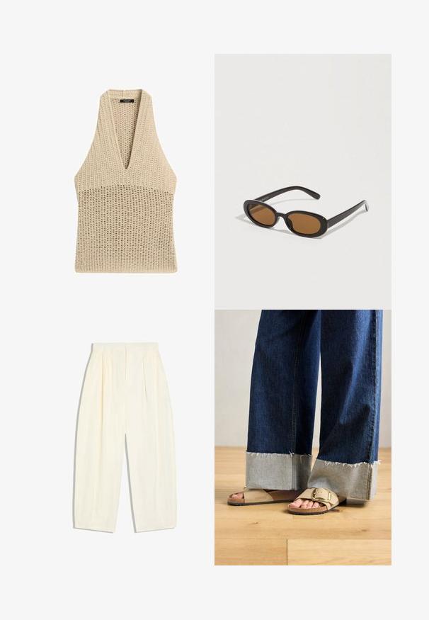 Beige strikket ærmeløs top med dyb V-hals og struktureret stingmønster, lavet af Massimo Dutti.; Løse bukser i cremefarve med elastisk talje og plisseringer, forkortet længde og uden synlige lukninger.; Fødder iført beige Birkenstock-sandaler med guldspænder, parret med mørkeblå denimjeans, der er rullet op ved manchetten, stående på trægulv.; Solbriller med ovale brune linser, sorte plastikstel og tynde arme. Glat tekstur med et minimalistisk design.