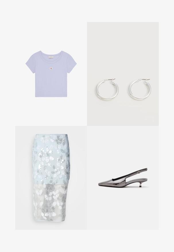 Lichtpaars cropped T-shirt met korte mouwen, ronde halslijn en klein rood-wit Calvin Klein logo-patchje middenvoor.; Pailletten kokerrok met een lichtblauwe transparante overlay en een wit bloemenpatroon. Heeft zilveren pailletten en een getailleerde pasvorm.; Metallic grijze slingback-schoen met spitse neus, lage kittenhak en verstelbare band op een witte achtergrond.; Een paar middelgrote glanzende zilveren oorringen met dunne metalen sluitingen op een lichte neutrale achtergrond.