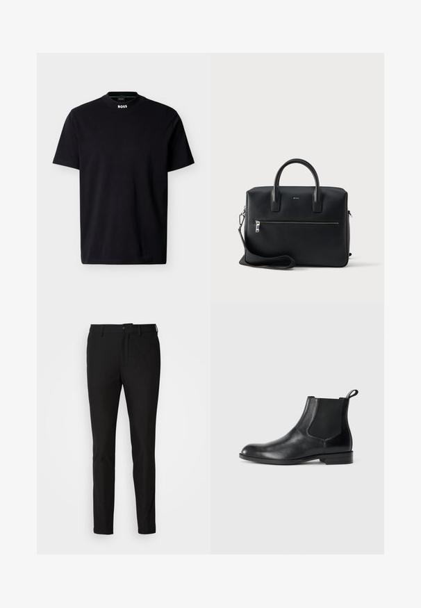 T-shirt noir à manches courtes et col rond avec logo "BOSS" blanc sur le col, présenté sur un fond blanc.; Pantalon noir ajusté, avec une fermeture à bouton, une braguette zippée et deux poches avant. Tissu lisse avec un fini mat.; Bottine en cuir noir avec des panneaux latéraux élastiques, bout rond et tirette. Texture lisse, semelle plate, design minimaliste.; Sac à main en cuir noir avec deux poignées, une bandoulière détachable et une poche zippée à l'avant. Présente une surface texturée et un détail de logo subtil.