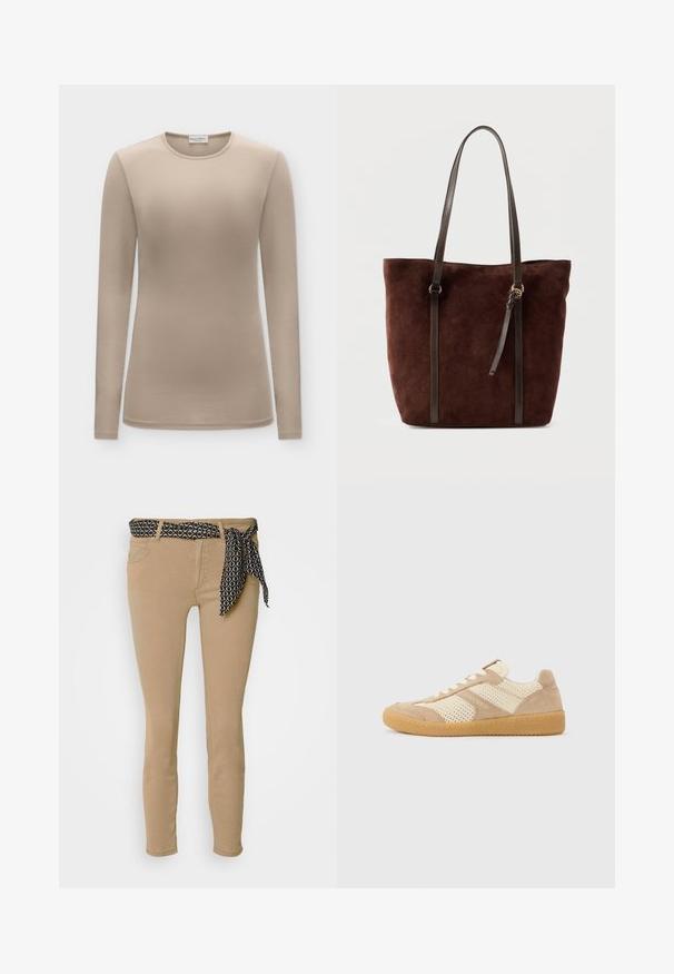 T-shirt beige à manches longues avec col rond, coupe slim et tissu lisse, présenté sur un fond uni.; Jean skinny beige avec une ceinture à motif noir et un nœud assorti. Dispose de cinq poches et d'une texture douce en mélange de coton.; Baskets basses beige et crème avec des panneaux en maille et en suède, des lacets blancs et une semelle en caoutchouc gomme, vues de côté sur un fond uni.; Sac cabas en daim brun foncé avec de longues poignées fines en cuir et un petit pompon en cuir sur fond uni.