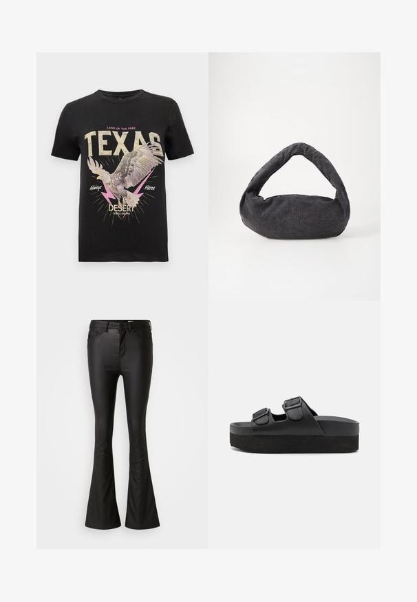 Camiseta de algodón negra con un gráfico de un halcón, texto en negrita "TEXAS" en crema y rosa, con acentos de rayos y un diseño vintage.; Jeans acampanados negros hechos de una tela brillante y suave. Presentan una cintura alta, bolsillos frontales y un cierre de cremallera con botón.; Sandalias de plataforma negras hechas de material suave, con dos correas ajustables con hebillas y una suela texturizada para mayor agarre.; Bolsa de tela gris oscuro con un asa curva, textura suave y forma redondeada. Sin hardware ni adornos visibles.
