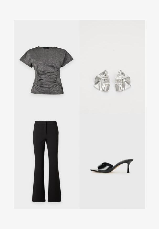 Haut à manches courtes en gris métallique scintillant, avec un col rond et des détails de fronces à la taille.; Pantalon évasé noir en tissu lisse, présentant un pli frontal, des passants de ceinture et une coupe ajustée. Design épuré sans motifs visibles.; Mules à talons hauts en cuir noir avec un design à bout ouvert et une large sangle supérieure incurvée. Texture lisse et silhouette élégante.; Boucles d'oreilles en métal argenté avec un design ondulé et sculptural, présentant une finition polie et des formes irrégulières, mettant en valeur une esthétique contemporaine.