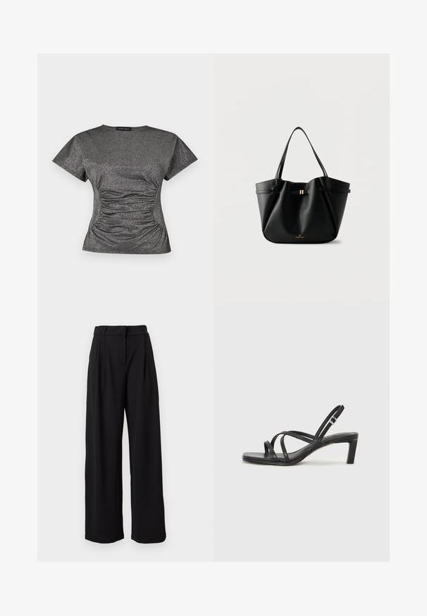 Kurzärmliges, dunkelgraues Oberteil mit metallic Glitzer, rundem Halsausschnitt und gerafftem Rüschendetail in der Taille.; Schwarze High-Waist-Hose mit weitem Bein, Gürtelschlaufen und einem Reißverschluss vorne, vor weißem Hintergrund präsentiert.; Schwarze Sandale mit Riemchen, quadratischer Zehenform und niedrigem Blockabsatz. Verfügt über mehrere dünne Riemen und einen verstellbaren Knöchelriemen. Hergestellt aus glattem Leder.; Schwarze Leder-Tasche mit zwei Schulterriemen, einem kleinen goldenen Verschluss und dem „Anna Field“-Logo auf weißem Hintergrund.