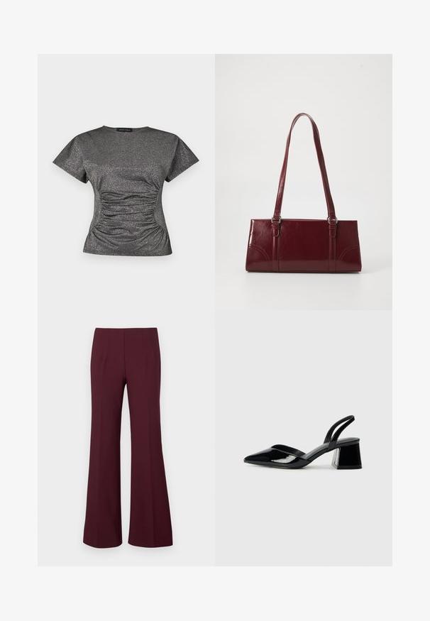 Kurzärmliges, dunkelgraues Oberteil mit metallic Glitzer, rundem Halsausschnitt und gerafftem Rüschendetail in der Taille.; Hochtaillierte, bordeauxrote, ausgestellte Hose mit vorderen Abnähern und taillierter Passform, auf einem weißen Hintergrund präsentiert.; Schwarze Lackleder-Slingback-High Heels mit spitzem Schuh und einem geometrischen Blockabsatz. Verfügt über ein schlankes, minimalistisches Design und eine glatte Textur.; Burgunderfarbene Handtasche aus glänzendem Material, rechteckige Form, mit zwei Schulterriemen und subtilen, geschwungenen Akzenten an der Vorderseite.