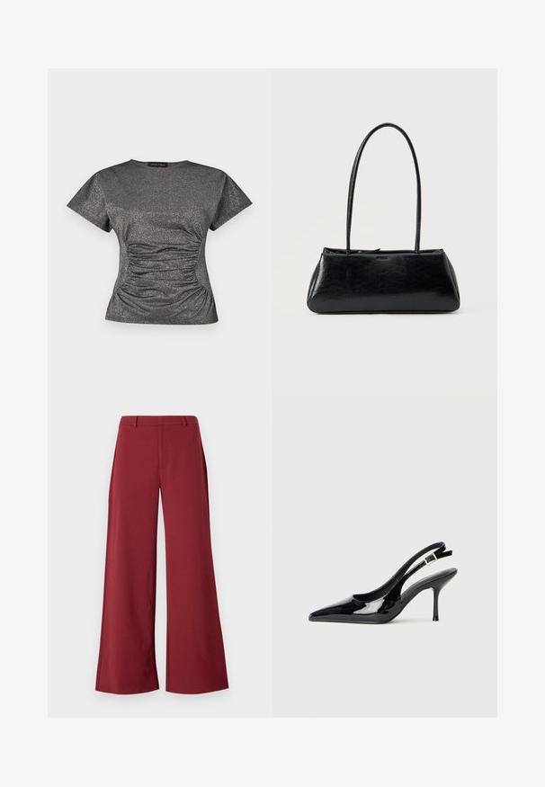 Top de manga corta en gris oscuro con brillo metálico, con un escote redondo y detalle de fruncido recogido en la cintura.; Pantalones de pierna ancha en un profundo color burdeos. Confeccionados en un tejido suave y elástico, con costuras a medida y cierre de cremallera frontal.; Zapato tipo slingback de charol negro con punta afilada y tacón delgado. Cuenta con una correa ajustable con hebilla en la parte trasera. Textura suave.; Bolso de hombro rectangular negro con correas largas y delgadas y una textura lisa y brillante sobre un fondo liso.
