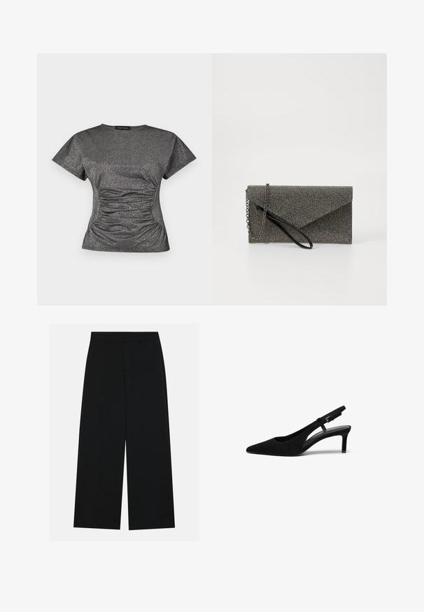 Top de manga corta en gris oscuro con brillo metálico, con un escote redondo y detalle de fruncido recogido en la cintura.; Pantalones negros de pierna ancha hechos de una tela suave. Presentan una cintura plana con pasadores de cinturón y sin bolsillos visibles. Diseño sencillo.; Zapato slingback de ante negro con punta afilada, tacón bajo, lado abierto y correa ajustable con hebilla de metal. Textura suave.; Cartera de mano metálica gris con patrón de malla texturizada, diseño de sobre, cadena como correa y una correa de muñeca delgada y elegante.
