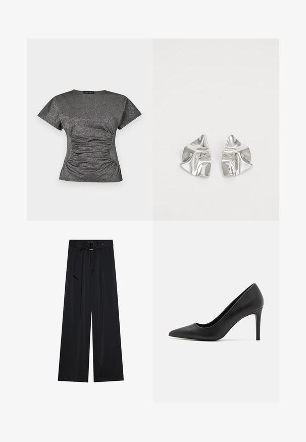 Haut à manches courtes en gris métallique scintillant, avec un col rond et des détails de fronces à la taille.; Pantalons larges noirs en tissu lisse, dotés d'une taille haute avec une ceinture et un détail de boucle, et des plis avant prononcés.; Escarpin noir à talon aigu, en cuir lisse, présentant un design élégant et un talon cylindrique fin.; Boucles d'oreilles en métal argenté avec un design ondulé et sculptural, présentant une finition polie et des formes irrégulières, mettant en valeur une esthétique contemporaine.