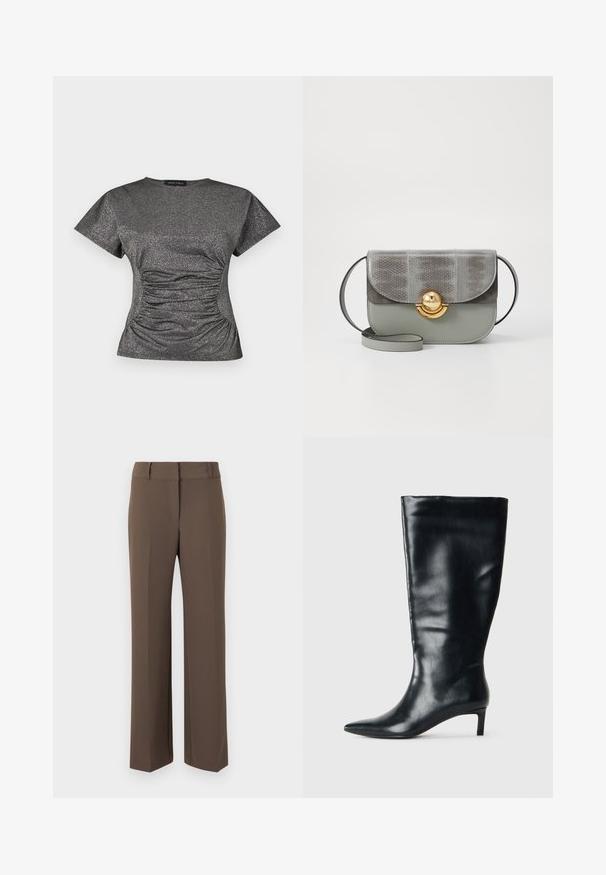 Haut à manches courtes en gris métallique scintillant, avec un col rond et des détails de fronces à la taille.; Pantalon brun à jambes droites avec passants pour ceinture, détail de couture avant et taille haute, présenté sur un fond neutre.; Botte en cuir noire hauteur genou avec bout pointu et petit talon de chat sur fond clair uni.; Sac à main structuré gris et vert avec un imprimé python texturé, quincaillerie circulaire en or, et une bandoulière amovible. Doté d'une fermeture à rabat.
