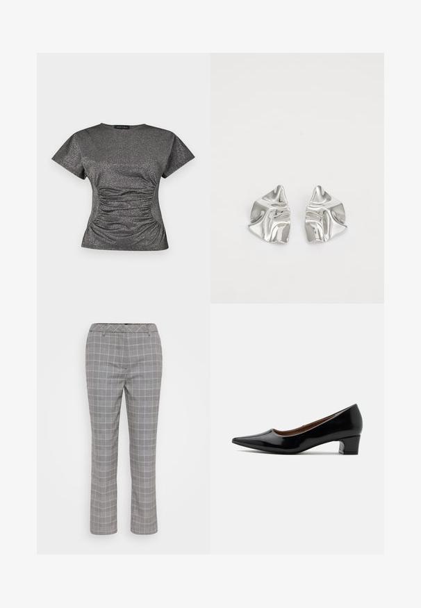 Haut à manches courtes en gris métallique scintillant, avec un col rond et des détails de fronces à la taille.; Pantalons à carreaux gris avec une coupe ajustée. Présente un motif à carreaux subtil, des passants de ceinture et une coupe droite. Texture de tissu lisse.; Escarpin à talon bas en cuir verni noir, bout pointu et talon bloc courbé, présenté de profil sur un fond clair uni.; Boucles d'oreilles en métal argenté avec un design ondulé et sculptural, présentant une finition polie et des formes irrégulières, mettant en valeur une esthétique contemporaine.