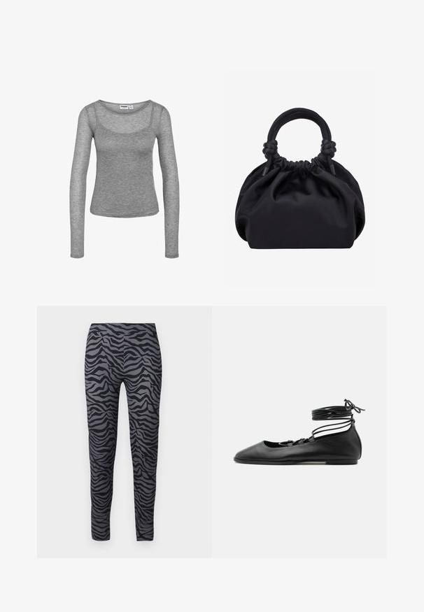 Haut gris à manches longues en maille côtelée avec un décolleté arrondi et une silhouette ajustée.; Legging ajustés en noir et gris avec un motif zèbre. Fabriqués en tissu lisse et extensible. Conception à longueur complète.; Chaussure de ballet plate en cuir noir avec un bout pointu, plusieurs fines brides sur le dessus et des lacets enroulés autour de la cheville.; Sac à main en tissu noir doux avec haut froncé et poignées circulaires rembourrées nouées de chaque côté.