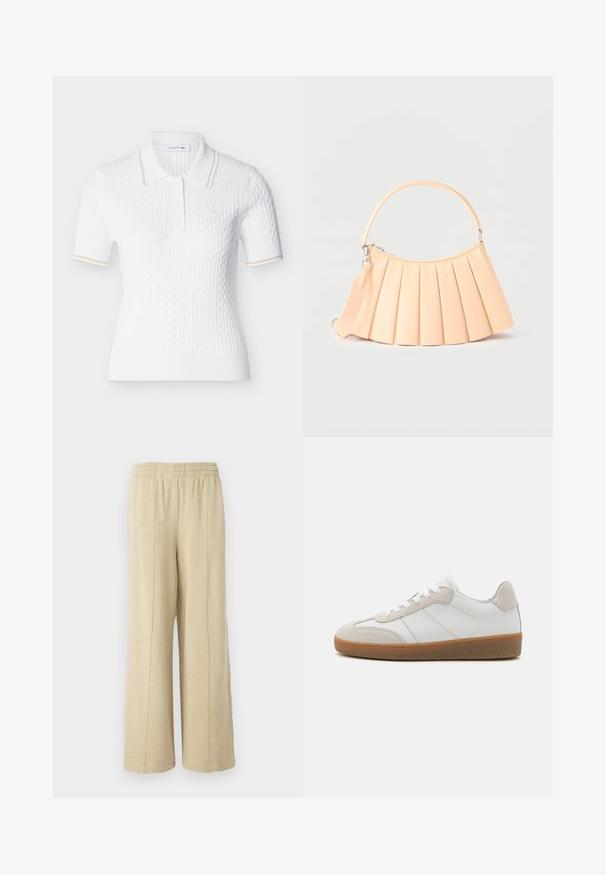 Polo blanc à manches courtes en maille torsadée, avec une bordure beige sur le col et les manches, une patte de boutonnage, et le logo Lacoste sur la poitrine.; Pantalons larges beiges avec une taille élastique et des coutures latérales visibles. Fabriqués en tissu doux avec une texture lisse.; Baskets en cuir blanc avec des accents en suède beige, languette texturée et semelle en caoutchouc. Elles sont dotées de lacets blancs et de détails couture subtils.; Sac à main plissé beige avec poignée arrondie et bandoulière détachable, présenté sur un fond clair uni.