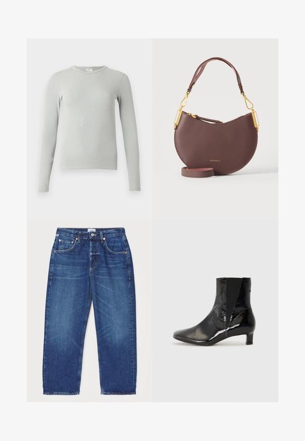 Lichtgrijs geribd longsleeve shirt met ronde hals, slanke pasvorm en een klein stoffen merkje aan de binnenkant van de hals.; Citizens of Humanity DAHLIA IN CLAREMONT - Relaxed fit jeans - dark-blue denim; Castañer ALEGRA - Lage laarzen - black; Bruine halfmaanvormige leren handtas met gouden sluitingen, afneembare band en "COCCINELLE"-logo aan de voorkant in het midden.