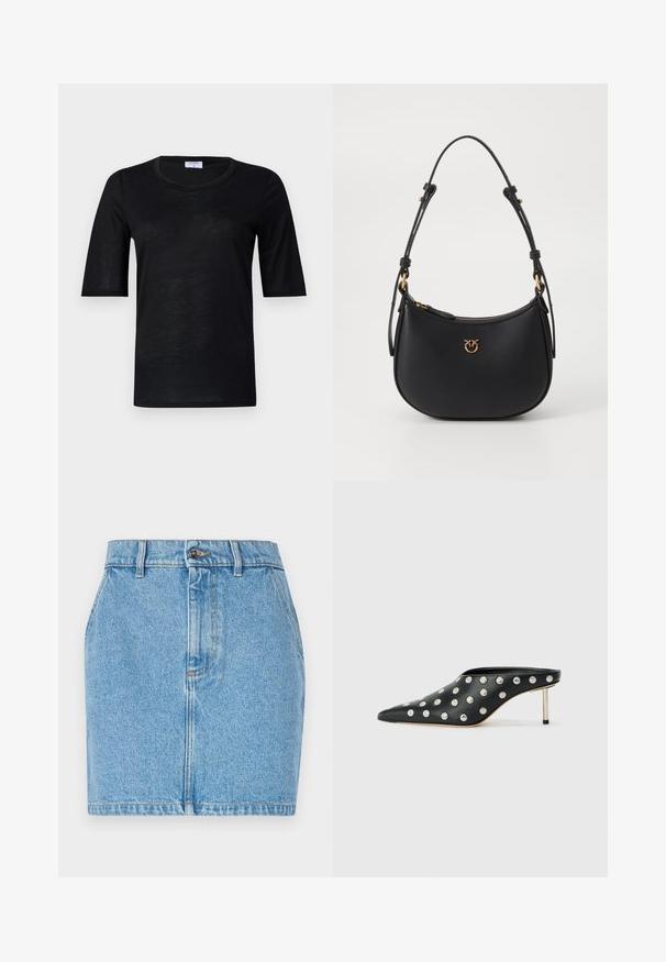 T-shirt noir à manches courtes en tissu léger avec un col rond, présentant une texture lisse et une coupe décontractée.; Jupe en denim bleu clair, avec un design ajusté, un style à cinq poches et des coutures contrastées. Le matériau a une finition texturée.; STAND STUDIO KELSEY - Mules à talons - black; Sac à bandoulière en cuir noir avec une forme courbée, quincaillerie dorée et fermeture éclair. Présente un logo décoratif à l'avant.