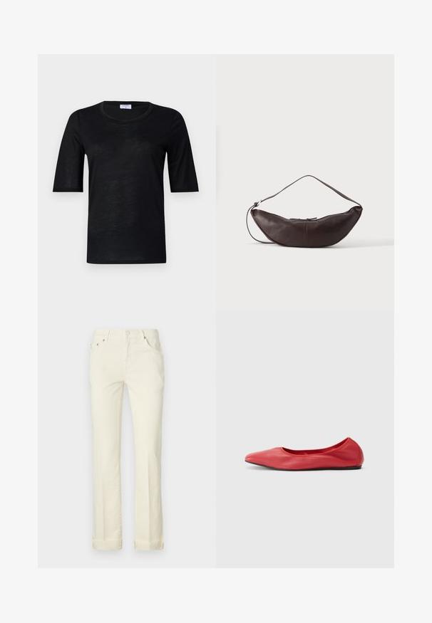 T-shirt noir à manches courtes en tissu léger avec un col rond, présentant une texture lisse et une coupe décontractée.; Jean droit jaune pâle en coton, avec une coupe cinq poches, des passants de ceinture et des poignets retroussés à l'ourlet.; Filippa K REY FLATS - Ballerines - bright red; Sac d'épaule en cuir marron foncé en forme de croissant avec une lanière courbée et des coutures visibles sur fond uni.