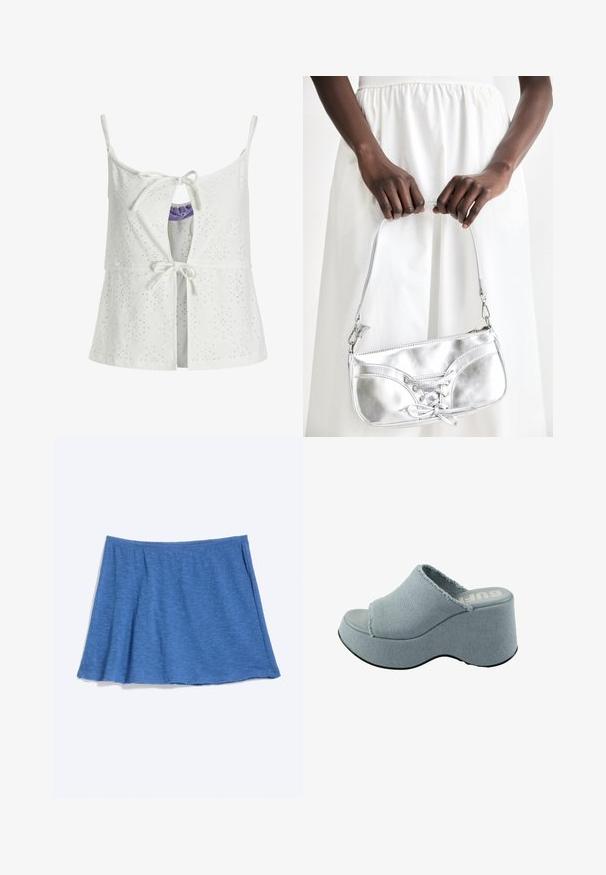 Top sin mangas blanco con patrón de ojal, cierre frontal con lazo, detalle de ojal y tirantes ajustables. La tela tiene un acabado texturizado.; Minifalda de punto azul con textura suave y ligera abertura, colocada plana sobre un fondo claro.; Chancla de plataforma de color azul claro con parte superior de tela deshilachada, diseño de punta abierta, suela gruesa y redondeada, y suela gris texturizada.; Bolso metálico plateado con detalle de cordones, que presenta un diseño elegante y una correa corta. El bolso está sostenido con las manos, mostrando su textura.