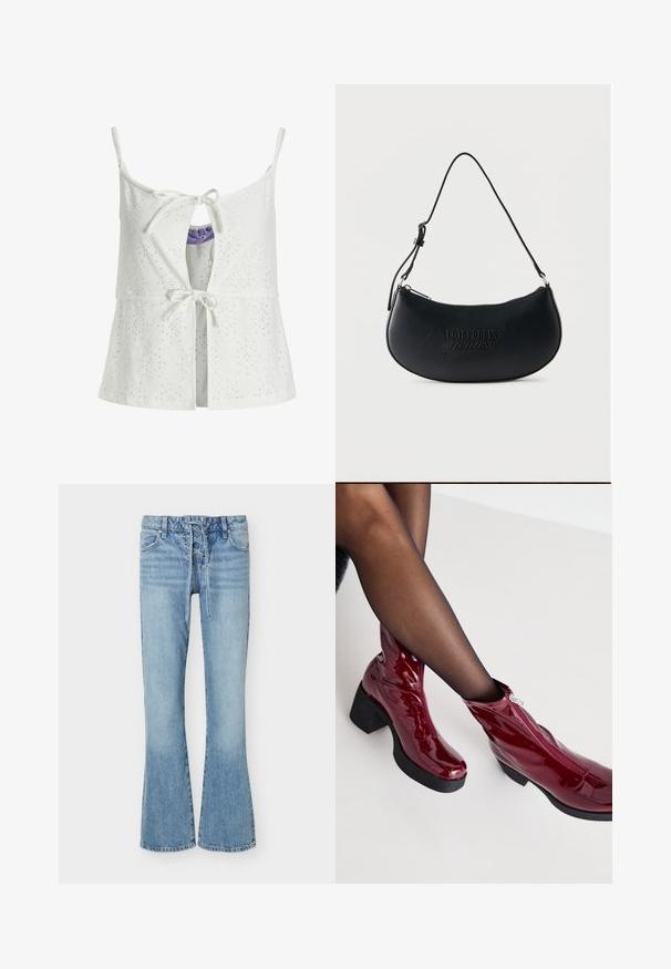 Hvid ærmeløs top med øjelet mønster, frontlukning med snørelukning, nøglehul detalje og justerbare stropper. Stoffet har en tekstureret overflade.; Lyseblå denim flare jeans med snørelukning foran, fem lommer og bæltestropper, med falmede detaljer på lår og knæ.; Røde ankelstøvler i patenteret læder med en kraftig sort hæl og lynlåsdetalje. Glat tekstur, elegant design med en rund tå.; Sort skuldertaske i halvmåneform med lang rem, prægede "tommy jeans"-logo og lynlåslukning øverst.