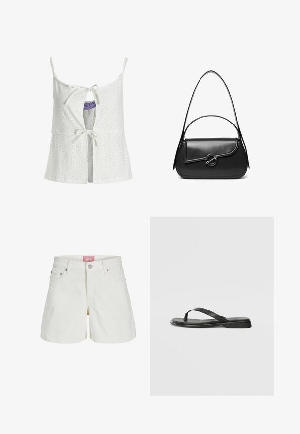 Hvid ærmeløs top med øjelet mønster, frontlukning med snørelukning, nøglehul detalje og justerbare stropper. Stoffet har en tekstureret overflade.; Hvide denim shorts med mellemhøj talje, fem lommer og et pink logo mærke på taljebåndet. Har en klassisk knap- og lynlåslukning.; Sorte flip-flops lavet af glat læder, med et tyndt remdesign og en flad sål med et minimalt profil. Ingen bemærkelsesværdige mønstre eller accenter.; Sort skuldertaske i læder med en buet klap, der er fastgjort med en rund metal spænde, og en slank, justerbar rem.