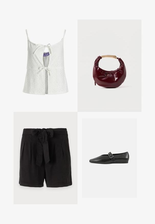 Weißes ärmelloses Oberteil mit Lochmuster, Frontbindeschluss, Schlüsselackendetail und verstellbaren Trägern. Der Stoff hat eine strukturierte Oberfläche.; Schwarze Baumwollshorts mit einem Bindegürtel in der Taille, Falten an der Vorderseite und Seitentaschen. Glatte Textur und lässiges Design.; Schwarze Lederflachschuhe mit spitzem Zehenbereich, ausgestattet mit einem metallischen Riemen über dem Spann und einer niedrigen, flexiblen Sohle.; Burgunderfarbene Kunstleder-Handtasche mit runder Form, gerafften Details und einem goldfarbenen Metallgriff. Glatte Textur und glänzende Oberfläche.